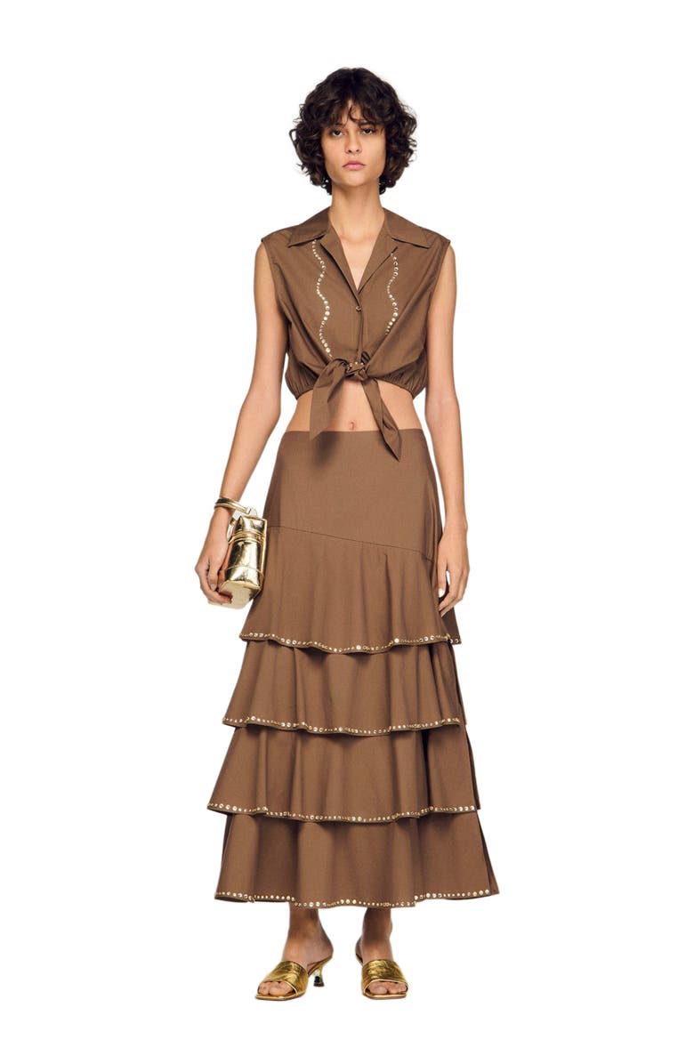 SANDRO Rhinestone cropped shirt, Alternate, color, Brown