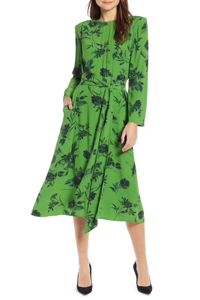 Belted Midi Dress (Nordstrom Exclusive), Main, color, GREEN ENERGY TONAL FLORAL