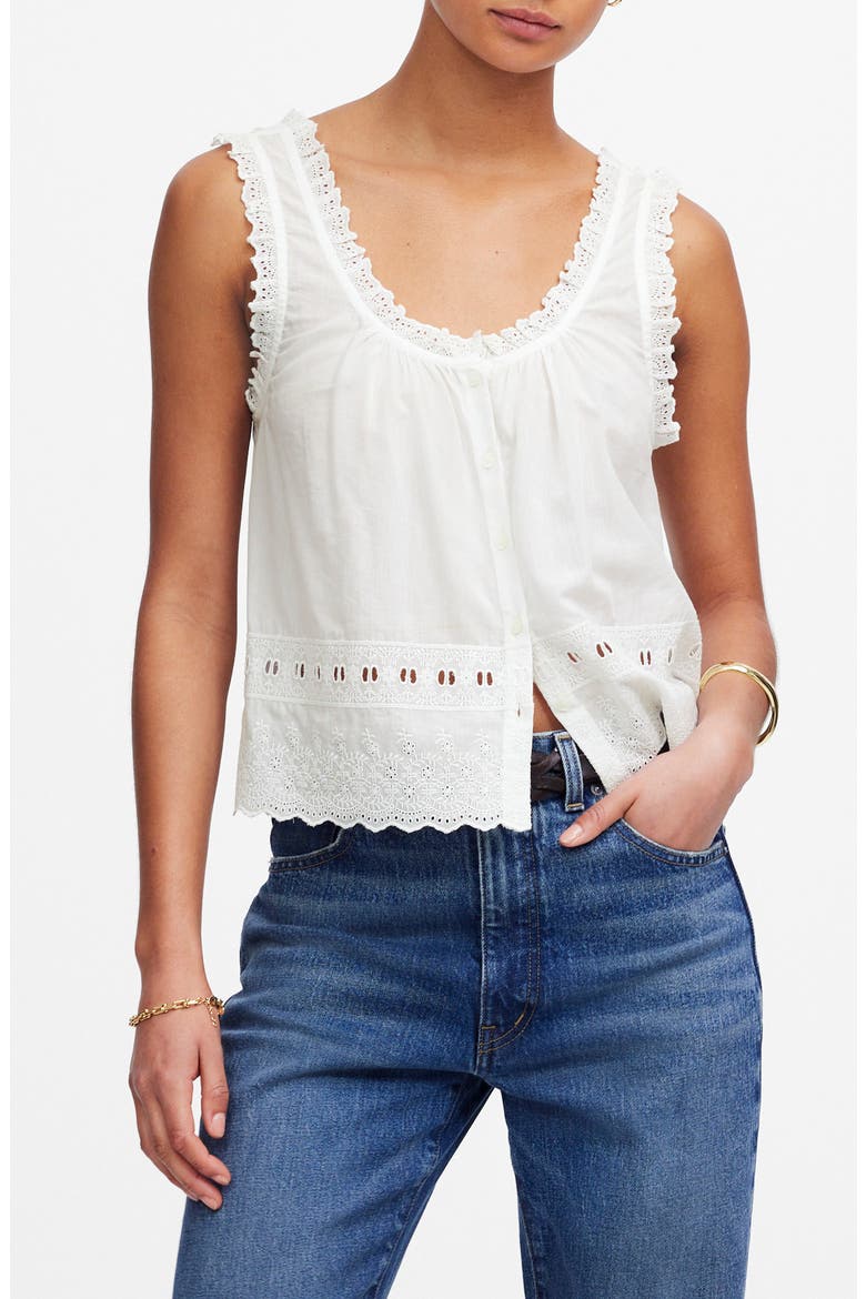Embroidered Scalloped Tank Top, Main, color, WHITE