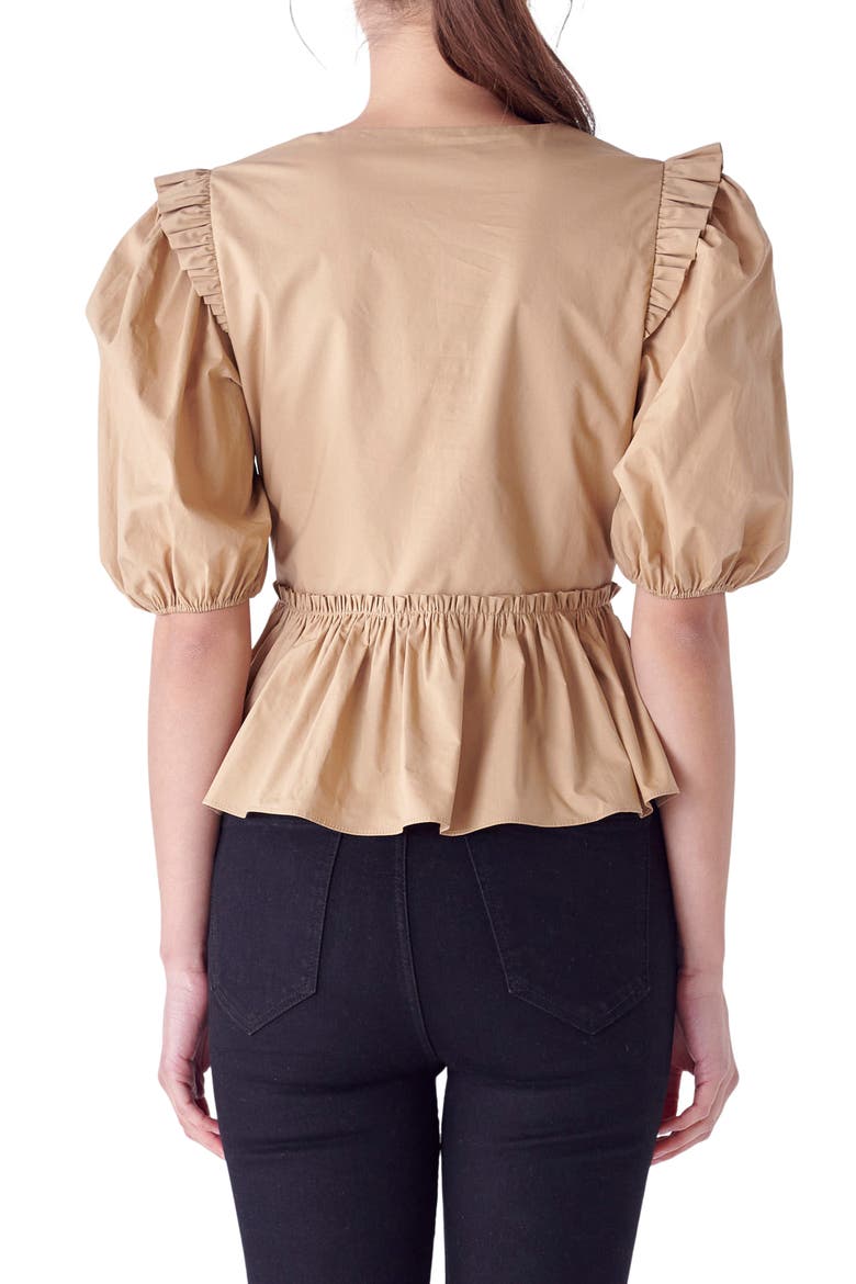 Puff Sleeve Peplum Cotton Top, Alternate, color, TAN