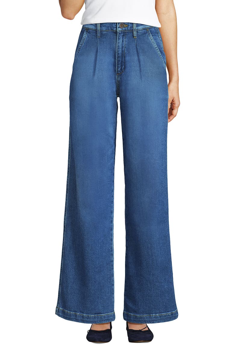 High Rise Soft Denim Pleated Wide Leg Trousers, Alternate, color, Indigo Tide Blue