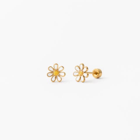 White Daisy Long Post Hypoallergenic Flatback Stud Earrings