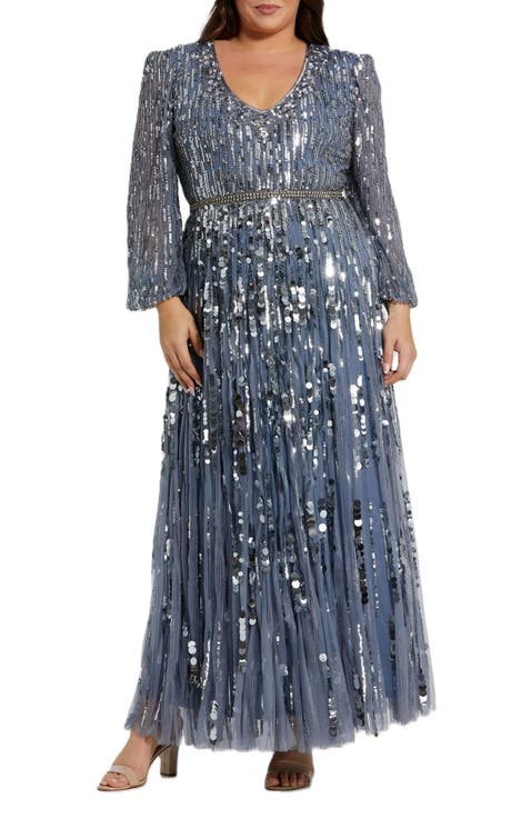 Long Sleeve Beaded Crystal Deep V Neckline Gown