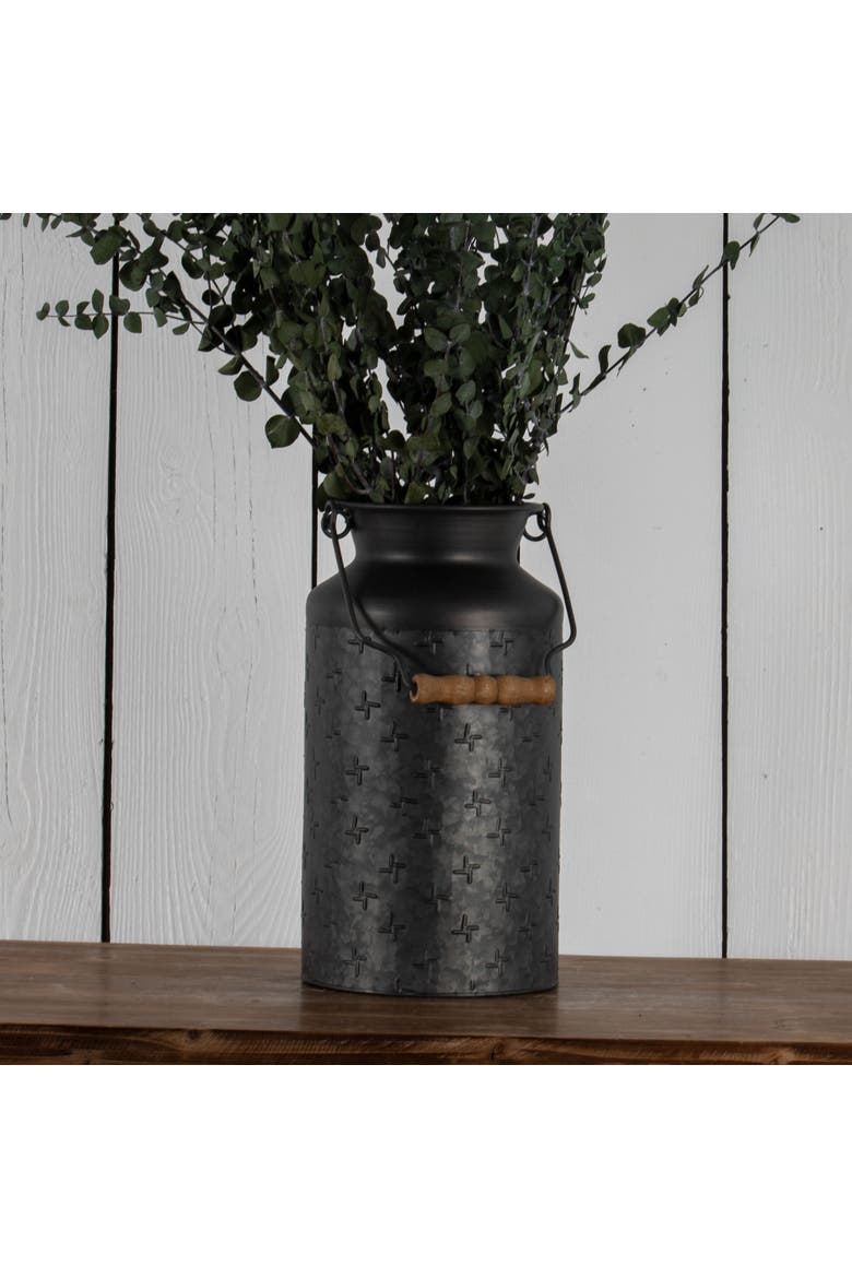 Black Galvanized Metal Decorative Vase with Wood Handle, Alternate, color, Black