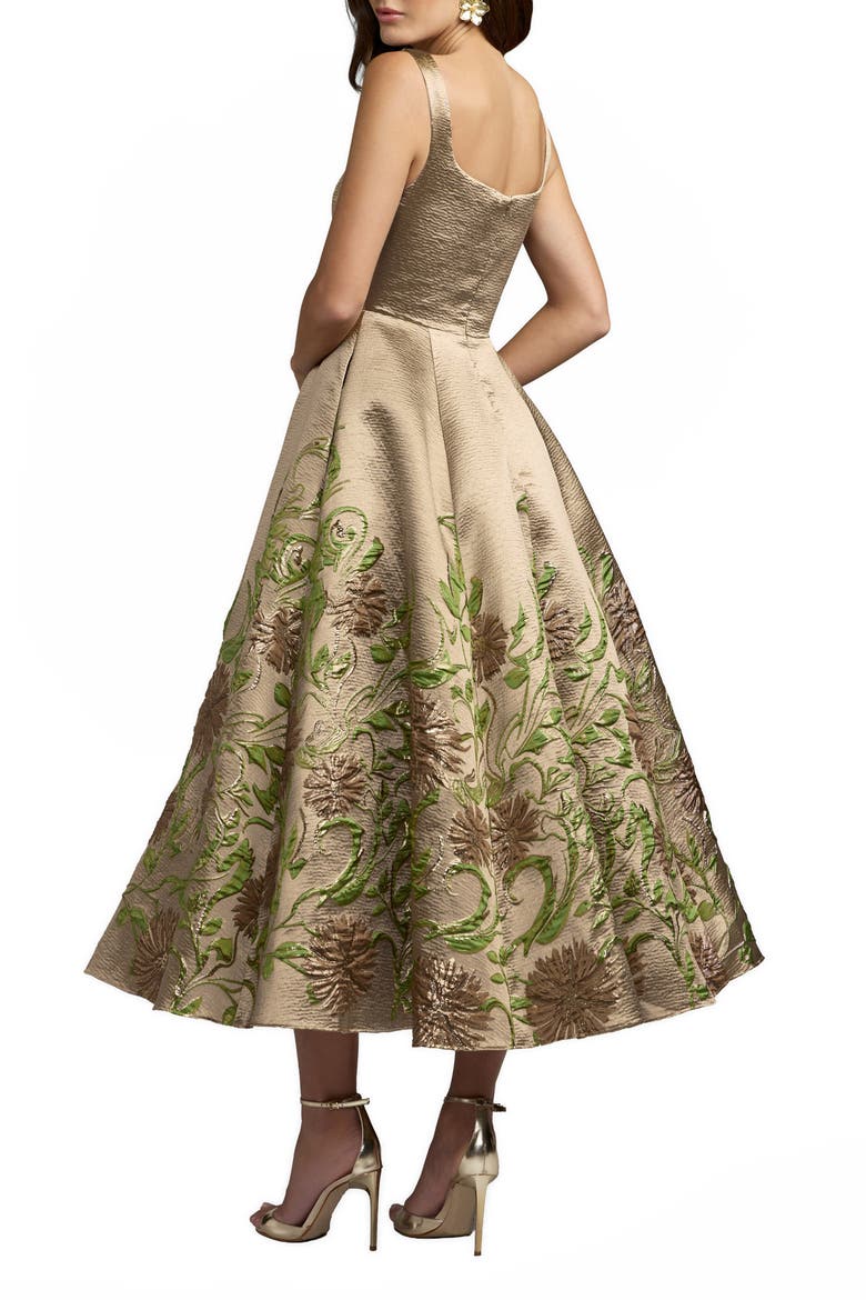 Embroidered Floral Jacquard A-Line Midi Dress, Alternate, color, Gold