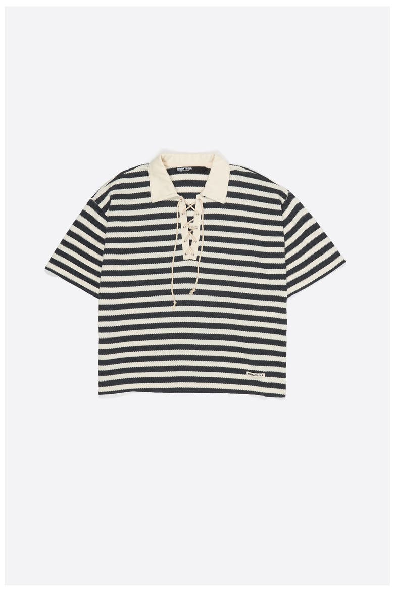 Striped T-Shirt With Adjustable Polo Shirt Collar, Alternate, color, BLACK