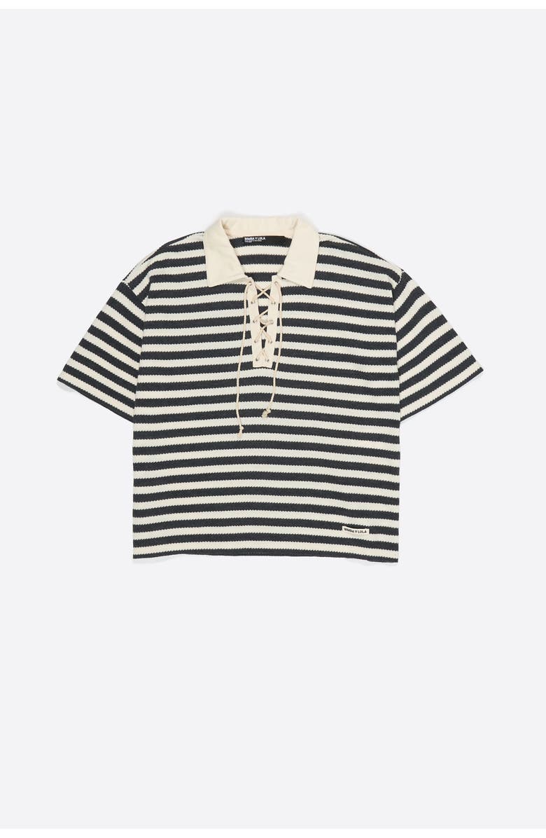 Bimba y Lola Striped T-Shirt With Adjustable Polo Shirt Collar, Alternate, color, Black