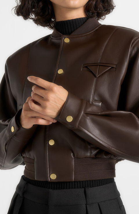 Zina Leather Wide Shoulder Bomber Jacket