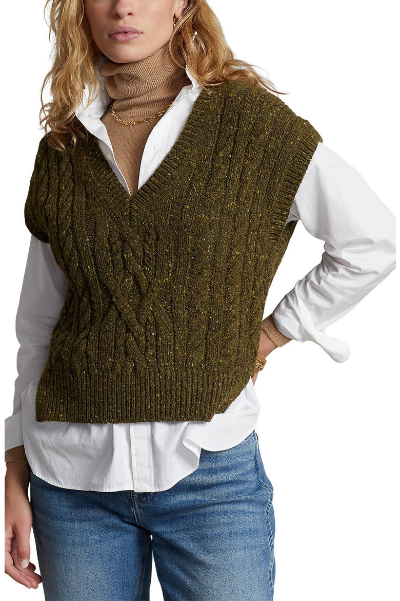Aran Cable Knit Sweater Vest, Main, color, OLIVE DONEGAL