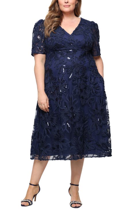 Embroidered Sequin Soutache A-Line Midi Cocktail Dress (Plus)