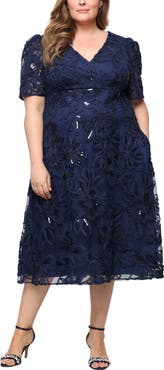 Alex Evenings Embroidered Sequin Soutache A-Line Midi Cocktail Dress