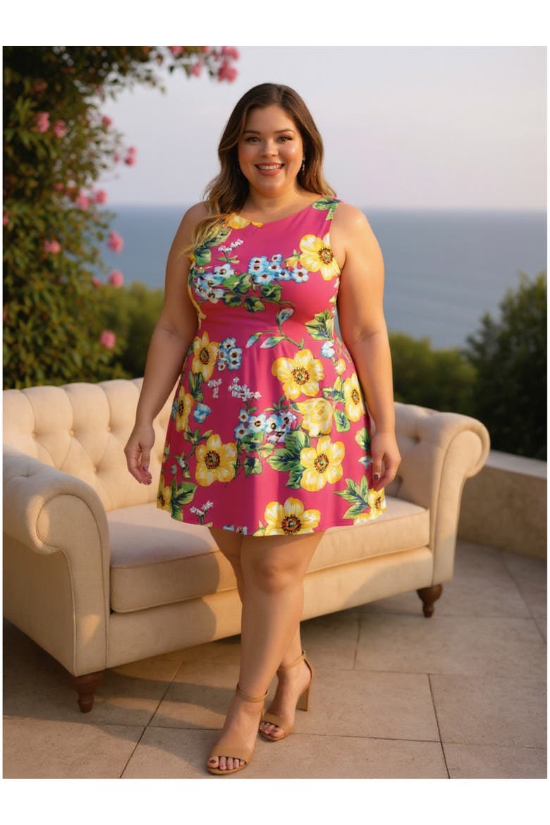 Plus Size Floral Round Neck Sleeveless A-Line Mini Shift Dress, Alternate, color, Pink Multi