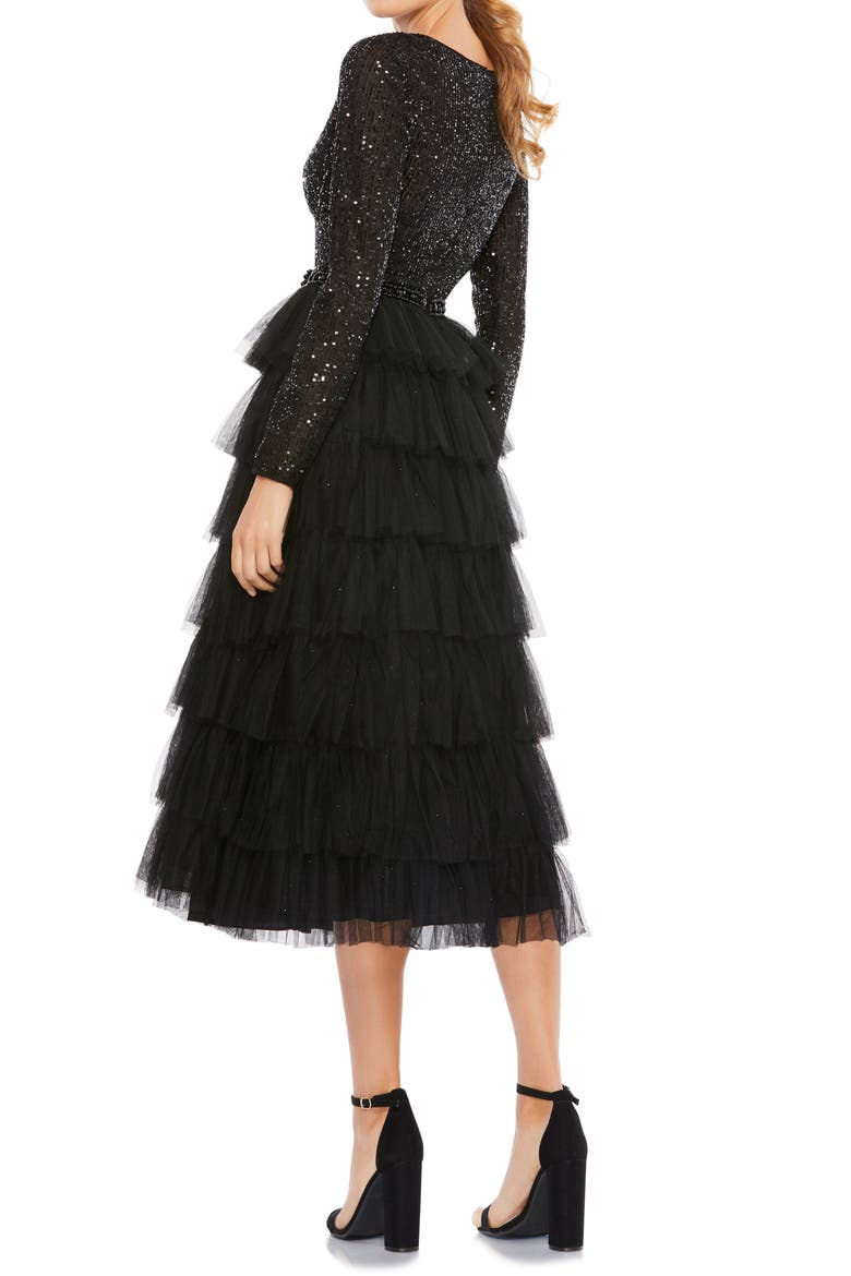 Sequined Layered Tulle A-Line Cocktail Dress, Alternate, color, BLACK