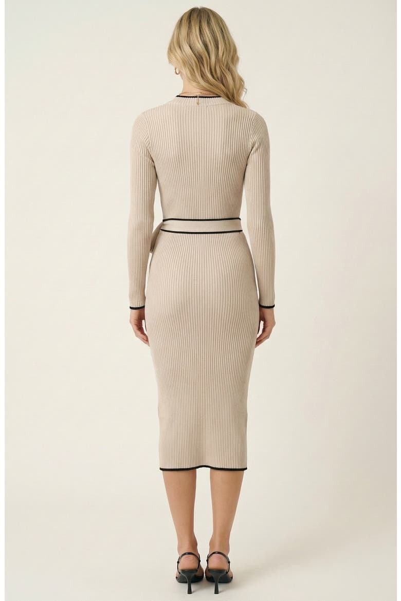 Ribbed Knit Contrast Trim Tie Waist Midi Dress, Alternate, color, Beige