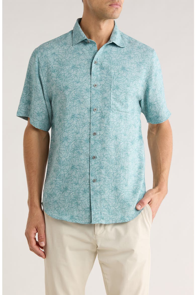Etched Hibiscus Short Sleeve Button-Up Shirt, Main, color, BRISTOL BLUE