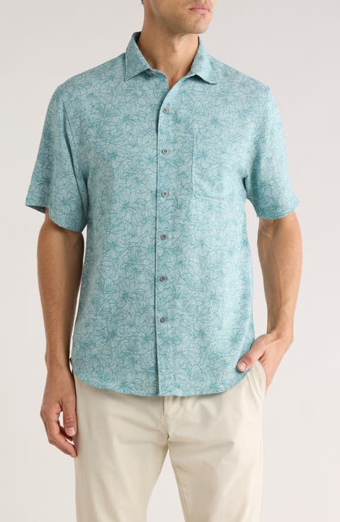Etched Hibiscus Short Sleeve Button-Up Shirt