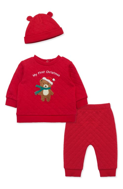 Little Me First Christmas Holiday Quilted Sweatshirt, Joggers & Hat Set in Red 