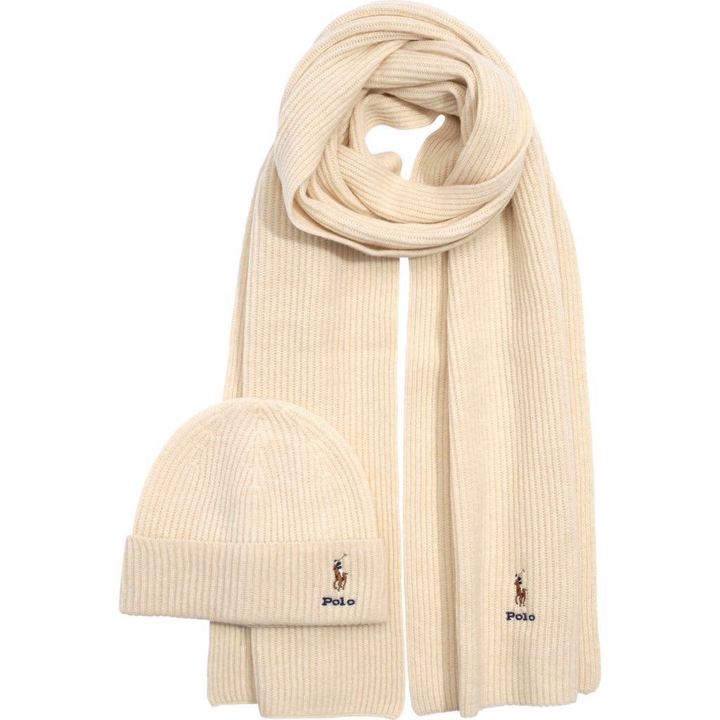 Polo Ralph Lauren Pony Merino Wool Hat & Scarf Set In Neutral