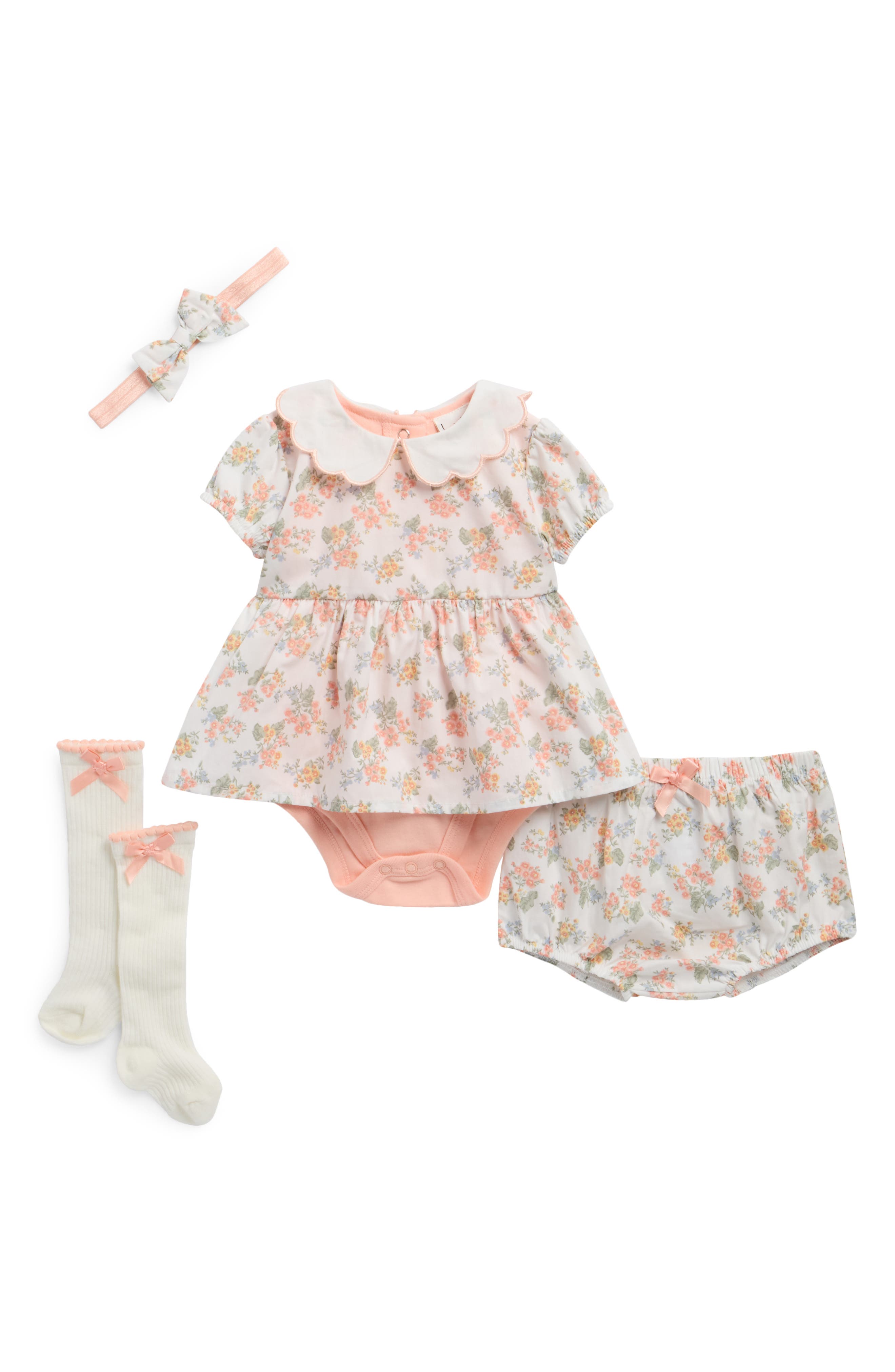 Nicole Miller Floral Dress, Bloomers, Headband & Socks Set