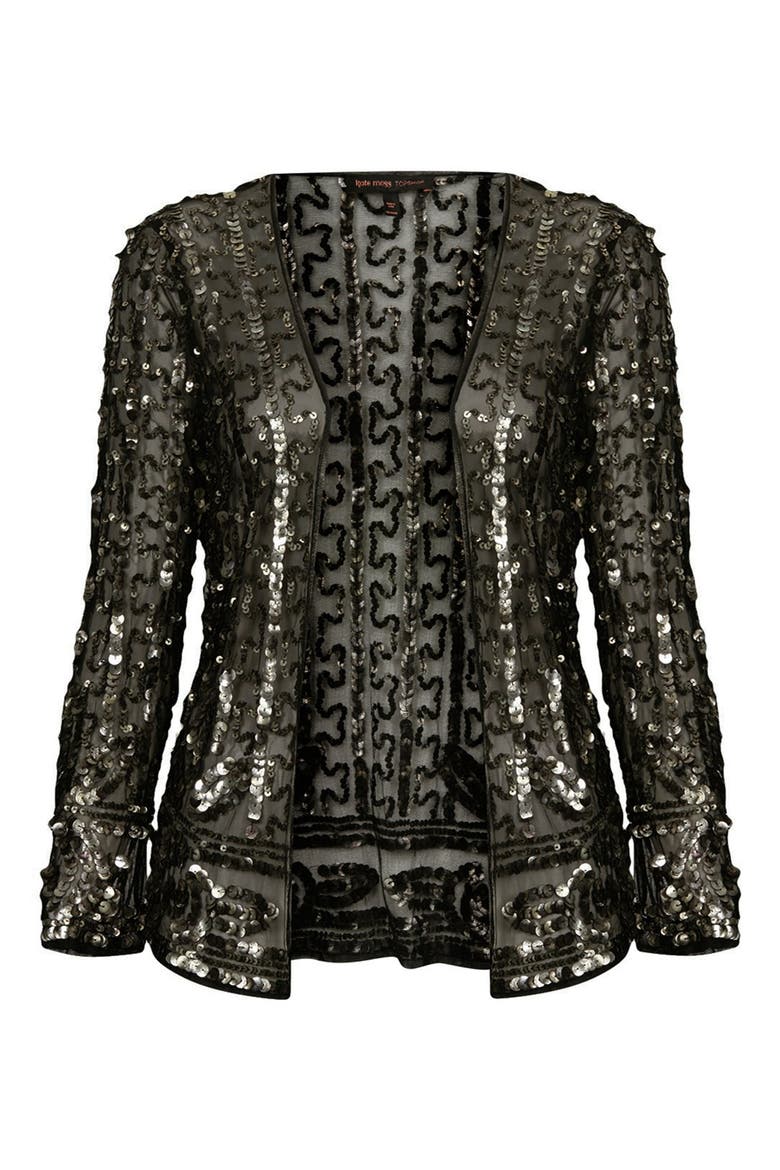Kate Moss for Topshop Sequin Embellished Mesh Jacket, Alternate, color, GOLD