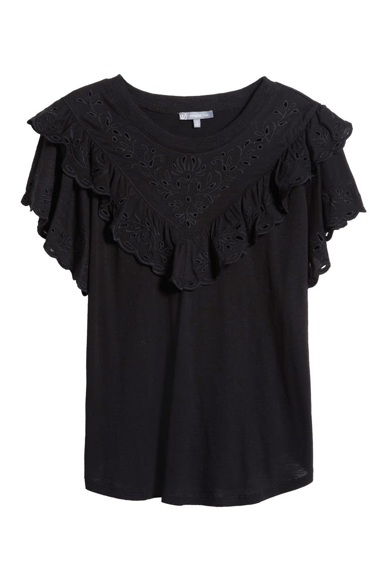Eyelet Ruffle T-Shirt, Alternate, color, BLACK
