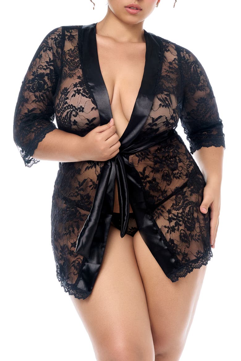 Lace Robe & Thong Set, Main, color, BLACK