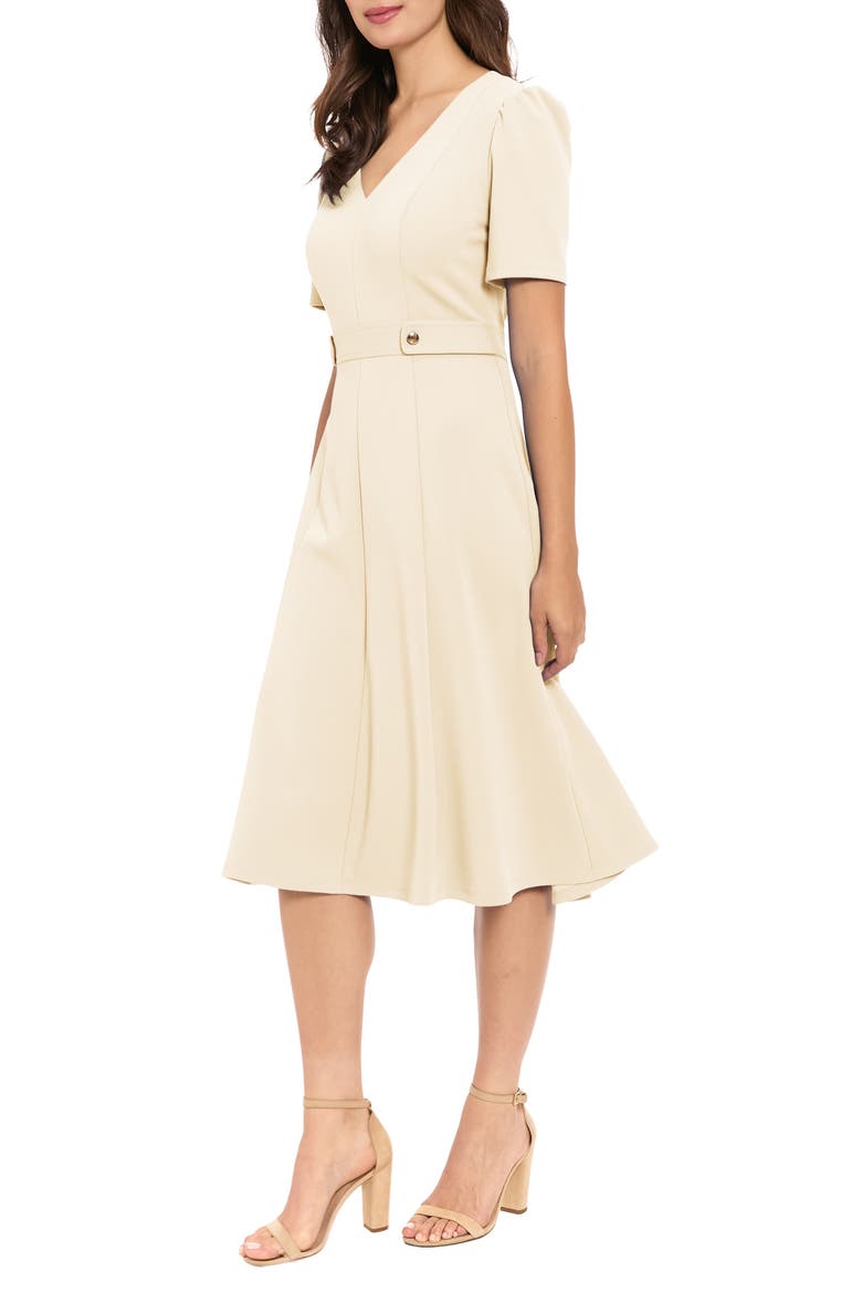 V-Neck Side Tab Fit & Flare Midi Dress, Alternate, color, SUGAR IVORY