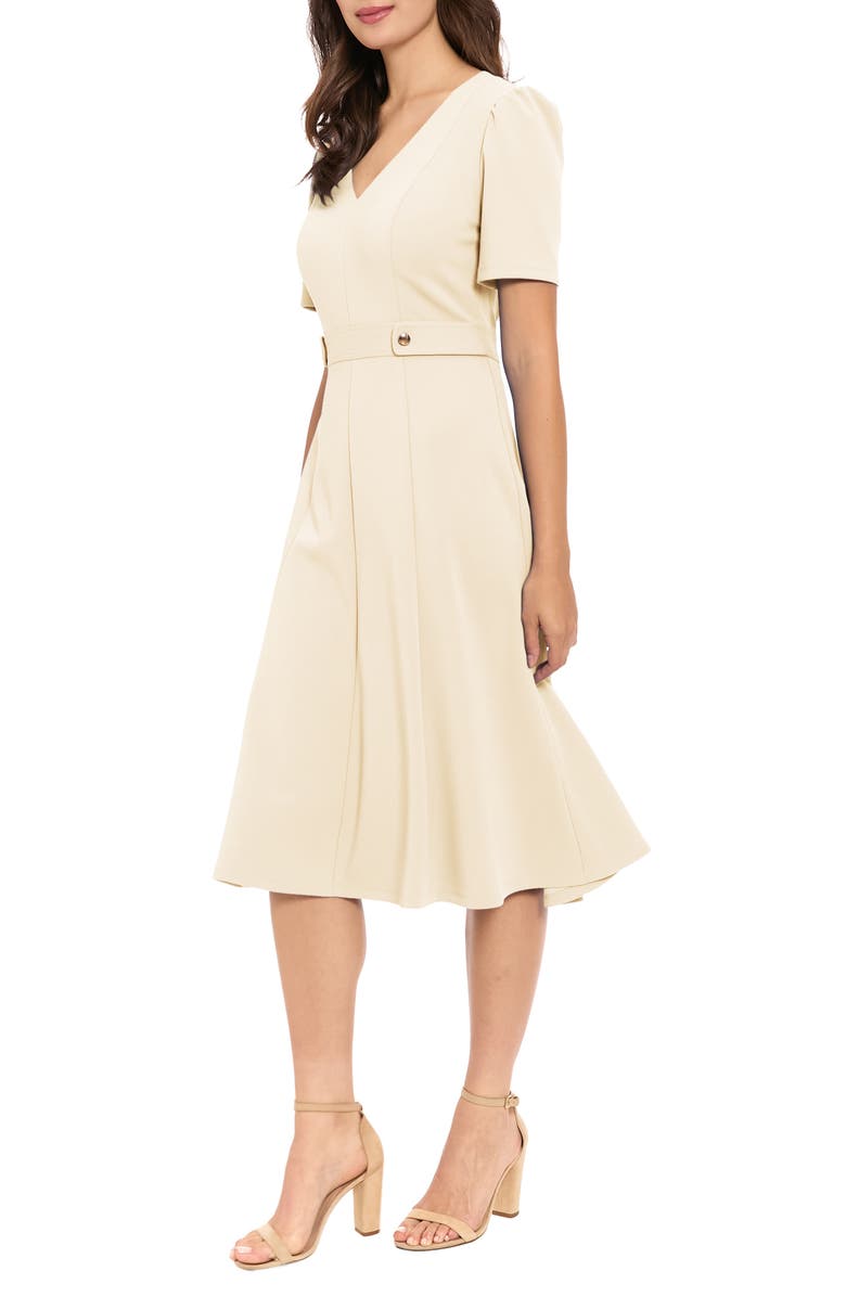 London Times V-Neck Side Tab Fit & Flare Midi Dress, Alternate, color, Sugar Ivory