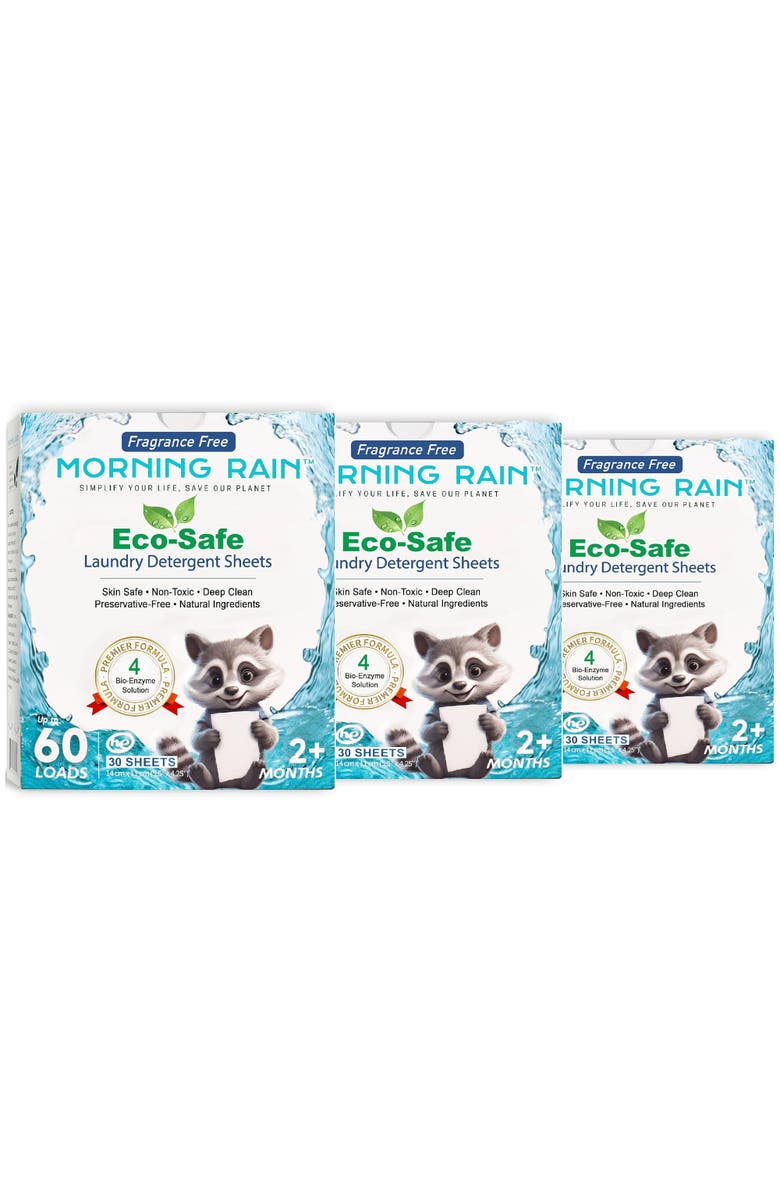 MorningRain Eco Safe Laundry Detergent Sheets, Unscented, 30 Sheets, 3 Packs, Main, color, Multicolored
