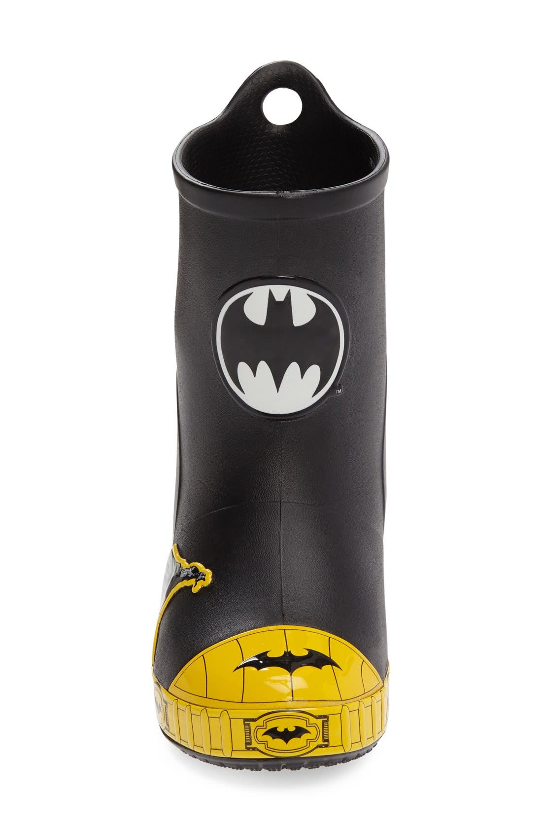 CROCS™ Bump It Batman Waterproof Rain Boot, Alternate, color, BLACK