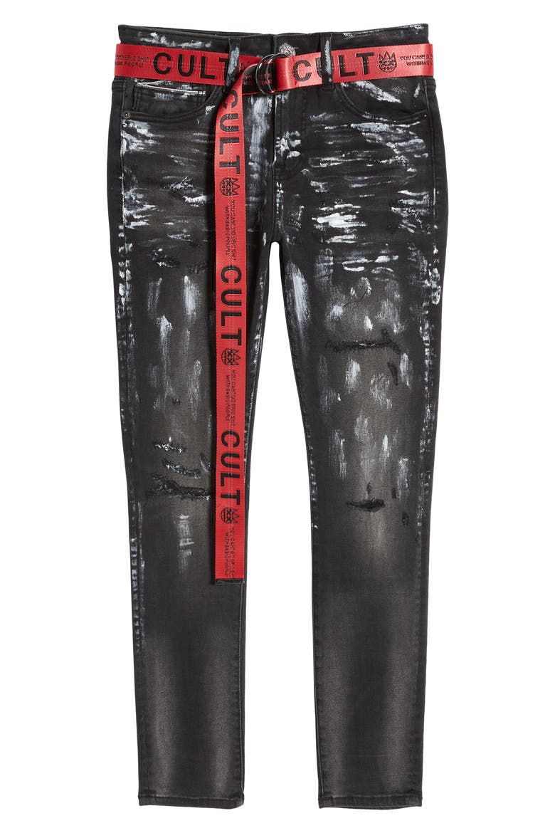 Men's Punk Belted Stretch Super Skinny Jeans, Alternate, color, PAIN