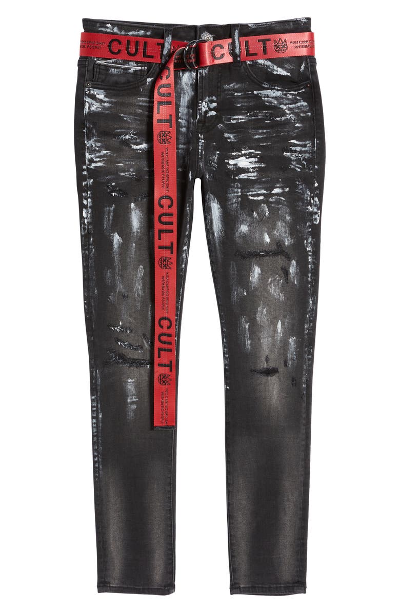 Cult of Individuality Men's Punk Belted Stretch Super Skinny Jeans, Alternate, color, 