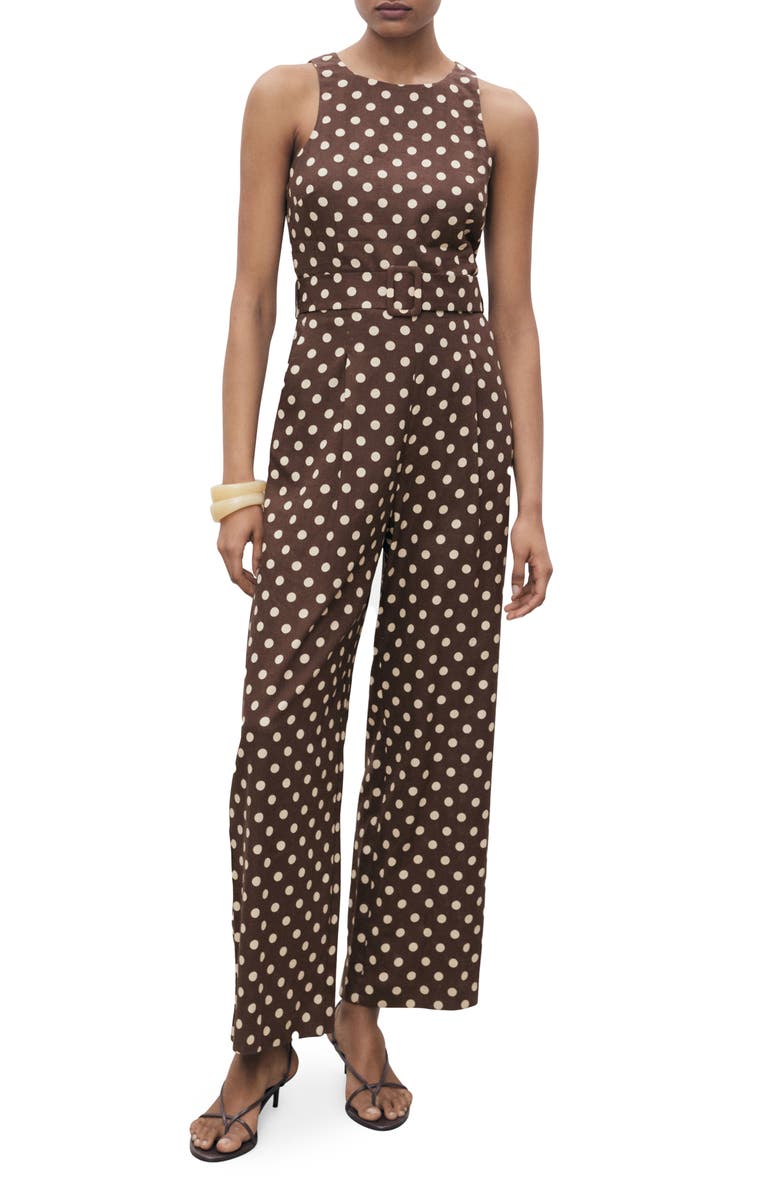 MANGO Belted Sleeveless Linen Blend Jumpsuit, Main, color, 