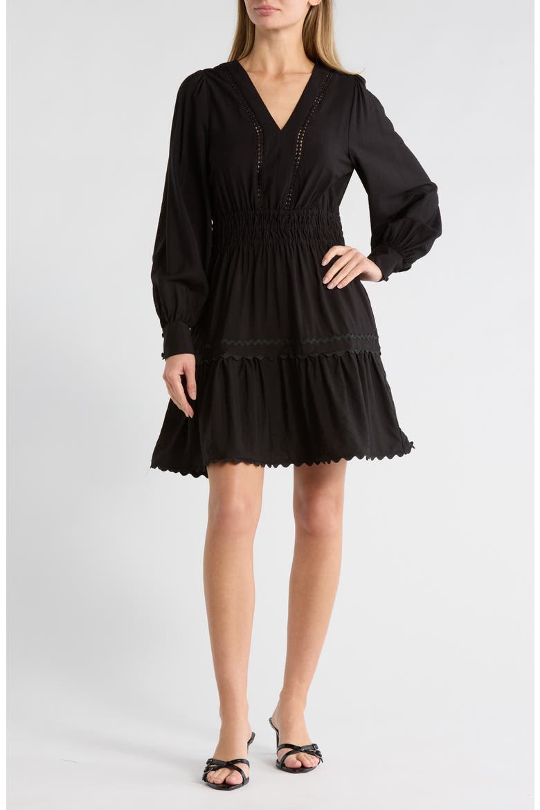 V-Neck Long Sleeve Crinkle Dress, Main, color, BLACK