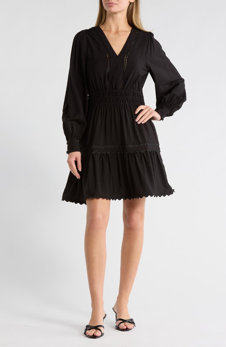 Ellen Tracy V-Neck Long Sleeve Crinkle Dress, Main, color, Black