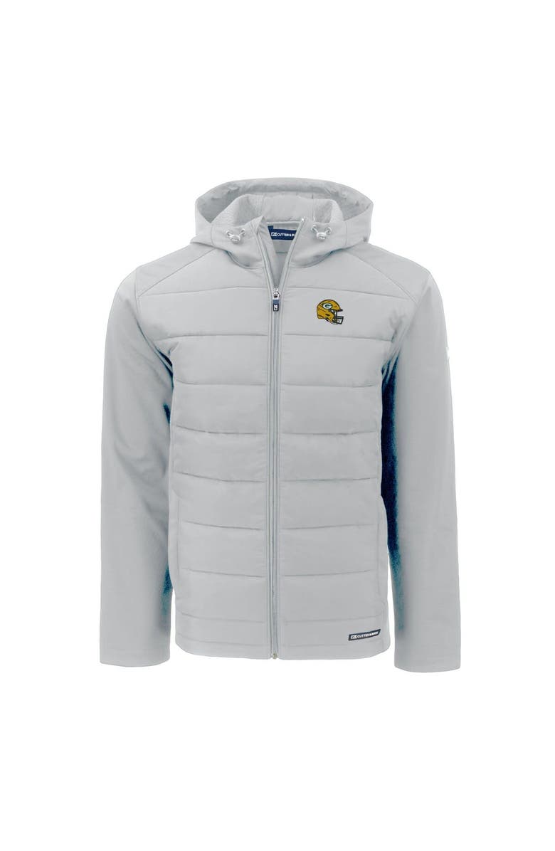 Cutter & Buck Men's Cutter & Buck Gray Green Bay Packers Helmet Evoke Hybrid Eco Softshell Recycled Full-Zip Hoodie Jacket, Alternate, color,