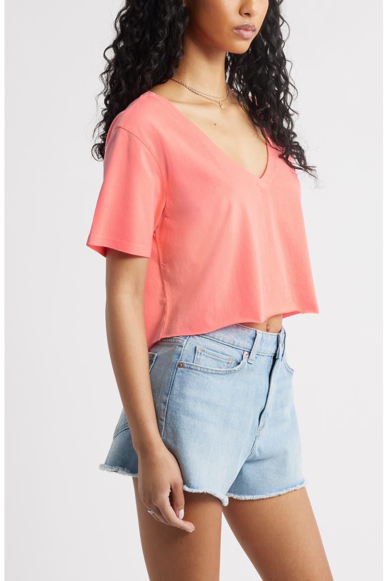 Washed V-Neck Crop T-Shirt, Alternate, color, CORAL NEON