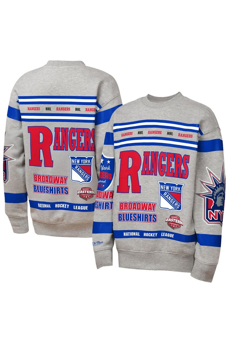 Youth Mitchell & Ness Heather Gray New York Rangers Allover Print Fleece Crewneck Sweatshirt, Main, color, Heather Gray