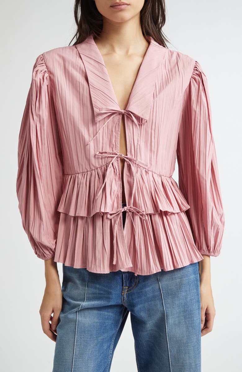 Stine Goya Plissé Tie Front Balloon Sleeve Top, Main, color, Pink Nectar