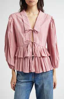 Stine Goya Plissé Tie Front Balloon Sleeve Top