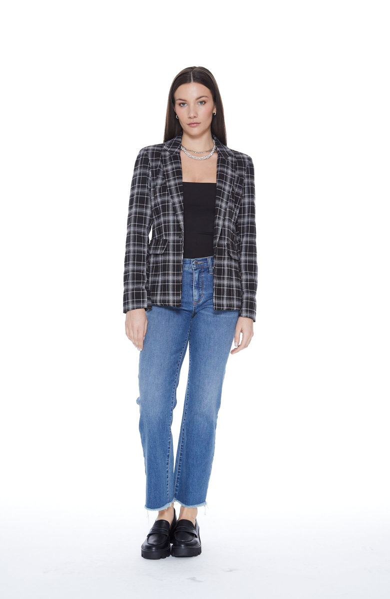 BLUE REVIVAL Hooded Helen Blazer in Black Plaid and Heather Cement, Alternate, color, Black Plaid / Heather Cement