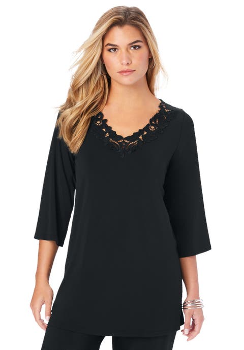 Lace V Neck Ultrasmooth® Fabric Top (plus)
