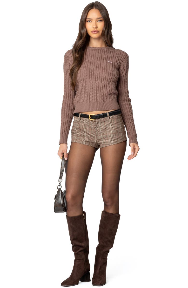 EDIKTED Beverly Bow Cable Stitch Sweater, Alternate, color, Brown