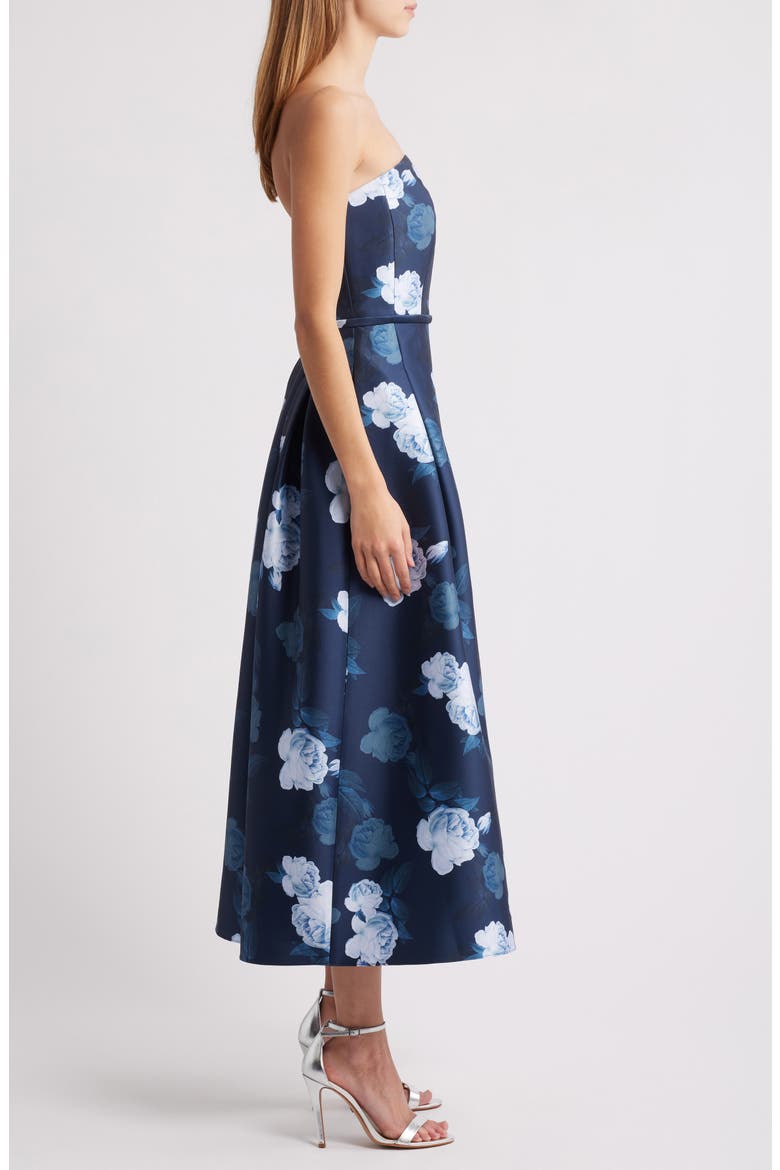 Shay Floral Strapless Stretch Mikado Cocktail Midi Dress, Alternate, color, MIDNIGHT GLACIAL ROSE