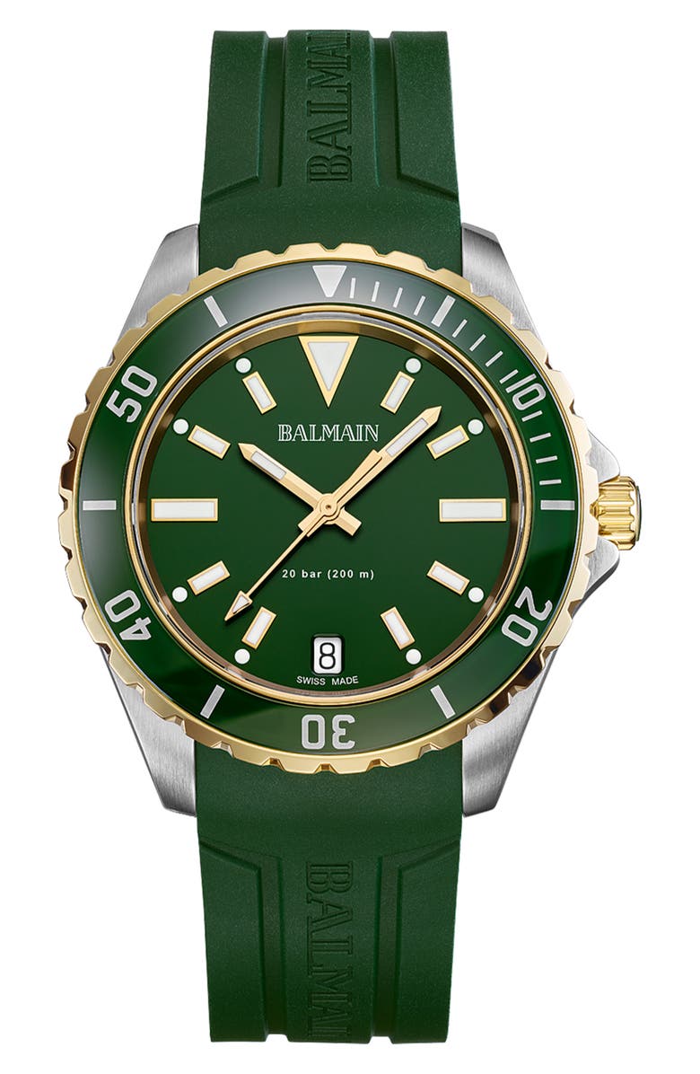 BALMAIN WATCHES Ophrys Rubber Strap Watch, 42.5mm, Main, color, Bicolor Stainless Steel/ Green