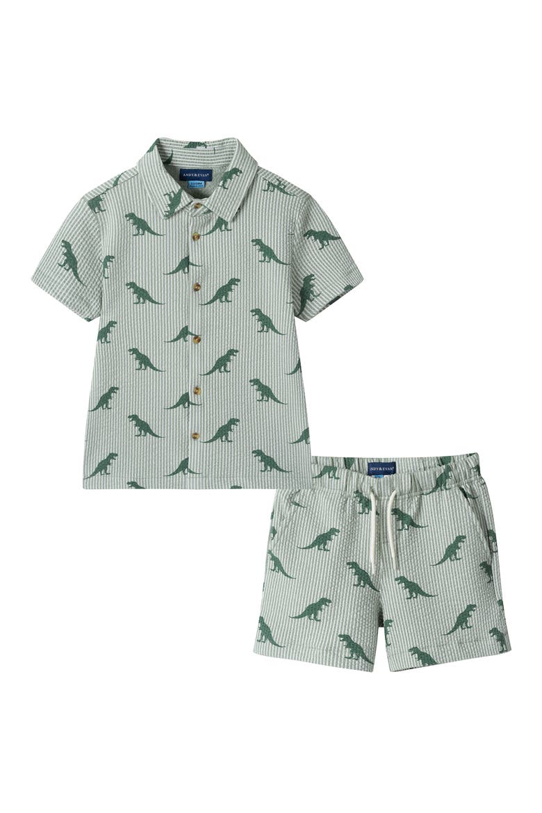 Kids' Seersucker Button-Up Shirt & Shorts, Main, color, GREEN DINO