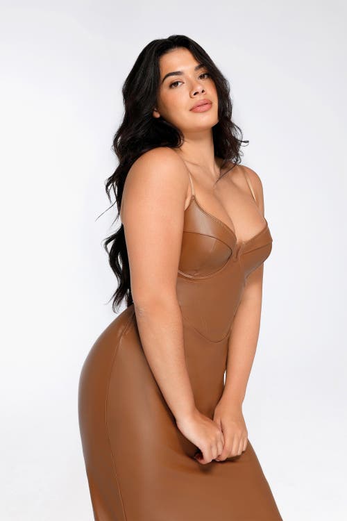 Popilush Shapewear Faux Leather Hourglass Corset Midi Dress In Caramel Brown