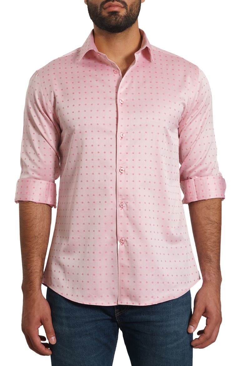 Trim Fit Dot Button-Up Shirt, Main, color, SALMON