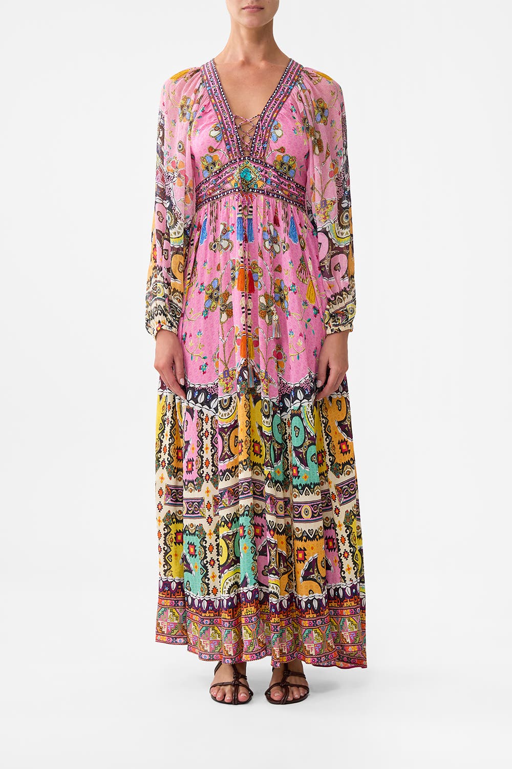 Lace Up Front Long Dress Patchwork Panorama