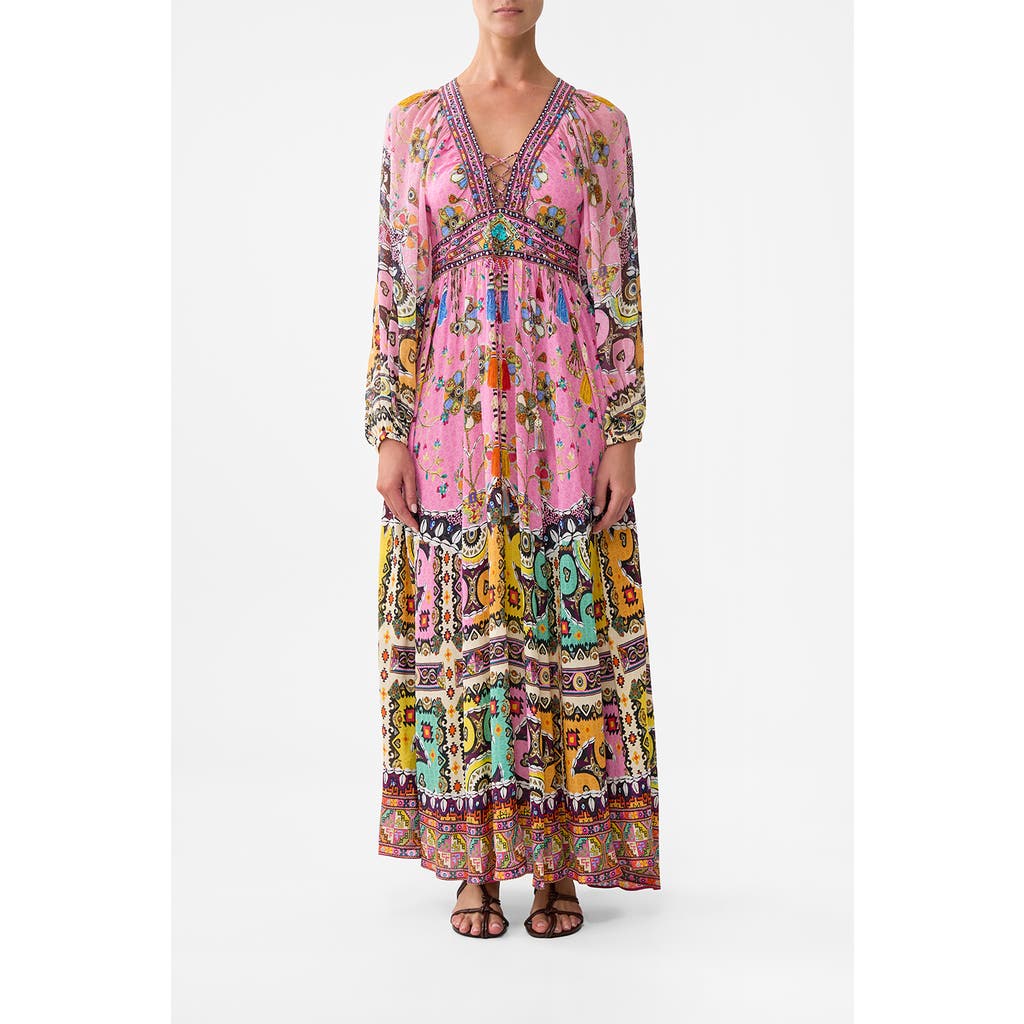 Camilla Lace Up Front Long Dress Patchwork Panorama In Multi